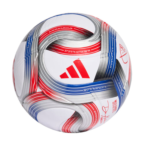 Soccer ball with white panels, red and blue curved stripes, silver metallic trim