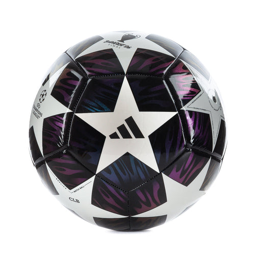 Soccer ball in black, white, and purple with central star and geometric panels