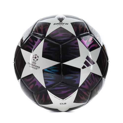 Soccer ball in black, white, and purple with Champions League and CLB logos