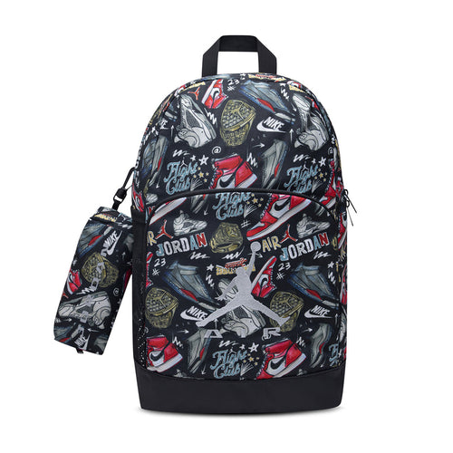 Black backpack with sports-themed graphic print and matching pencil case