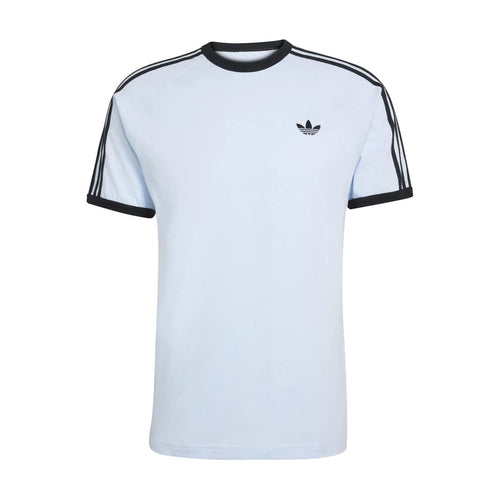 Light blue men's 3-stripe t-shirt with black ribbed collar and sleeve stripes