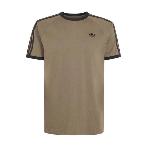 Olive-brown crew-neck T-shirt with three dark shoulder stripes and chest logo