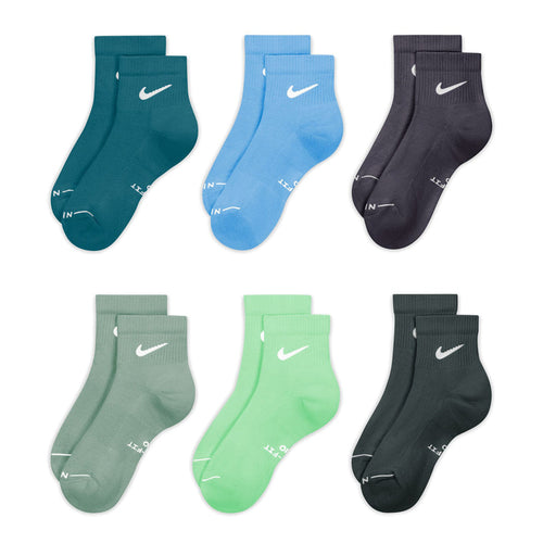 Six-pack of quarter socks in teal, light blue, dark and green tones with white Nike swooshes