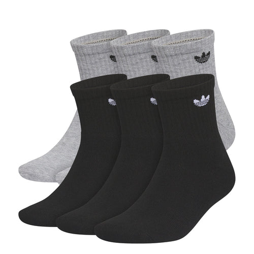 6-pack quarter crew socks in heather grey and black with small Trefoil logos