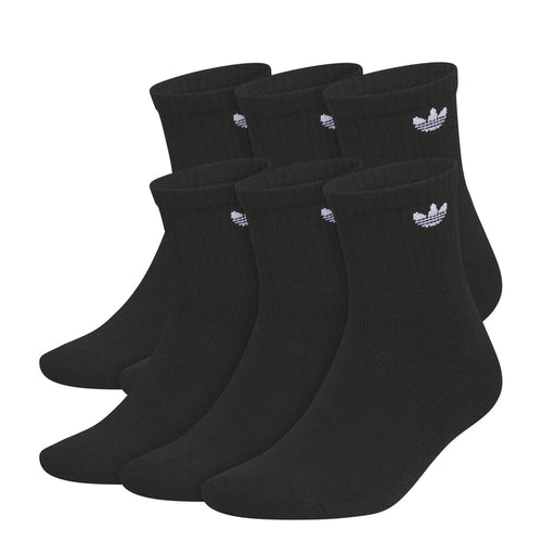 6-pack black quarter crew socks with small white Trefoil logos, ribbed knit