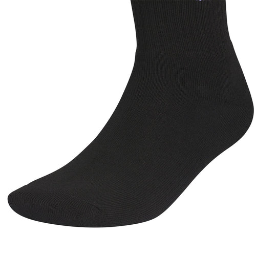 Black quarter crew sock with ribbed knit texture and wide elastic cuff