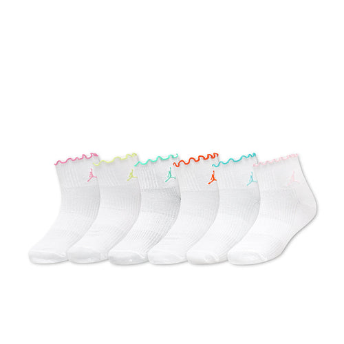 6-pack white ankle socks with multicolor Jordan logo and lettuce edge cuffs