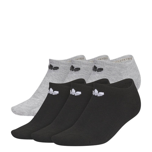 6-pack heather grey and black no-show socks with small trefoil logos