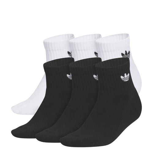 Quarter socks 6-pack, white and black with ribbed cuffs and trefoil logos