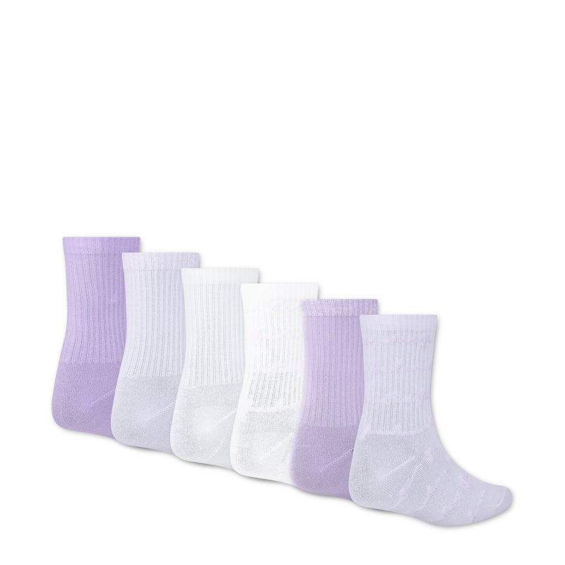 6-pack small half crew socks in violet and white, ribbed knit, assorted pair colors