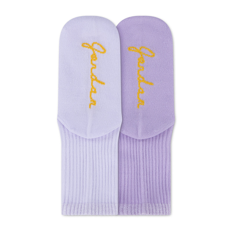 Pair of half crew socks, light purple and purple, yellow script logo, ribbed knit