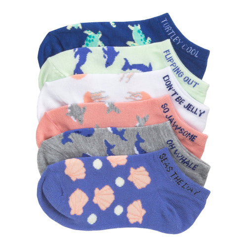 6-pack small no-show socks, ocean-themed blue, mint, gray, orange with graphic prints