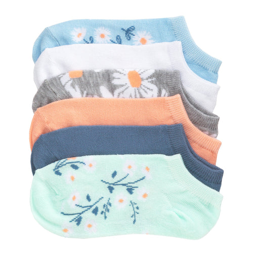 6-pack no-show socks, floral and solid pastels: light blue, mint, gray, coral, navy.
