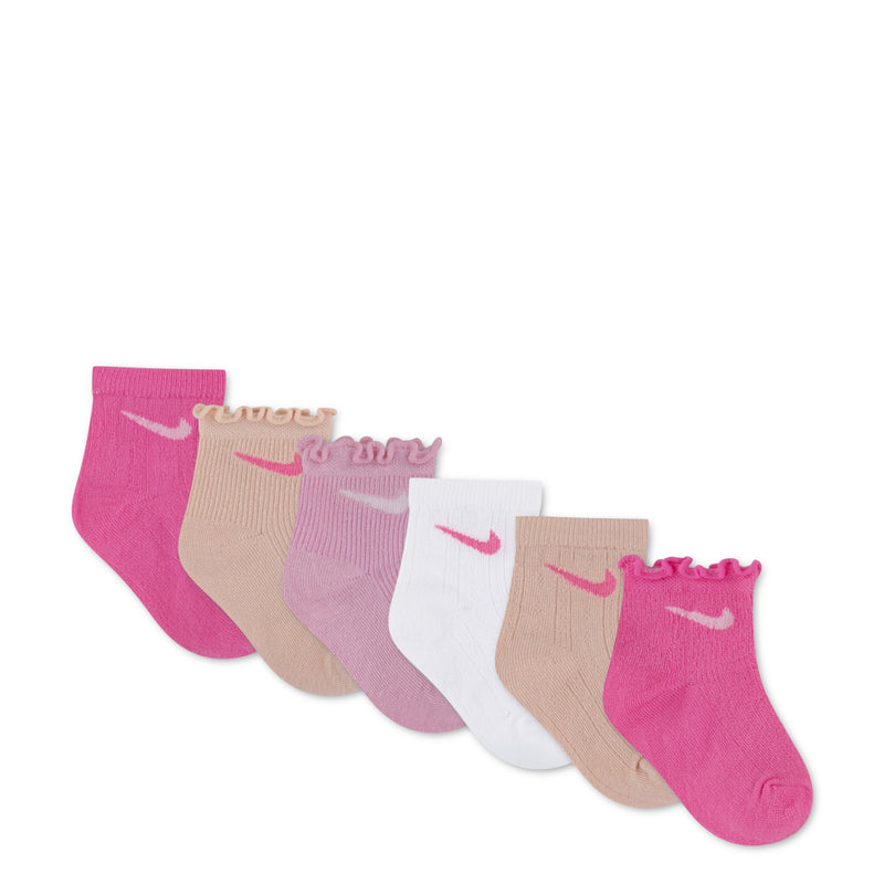 Six-pack toddler ankle socks laid out: pink, beige, lavender, white, with small logos