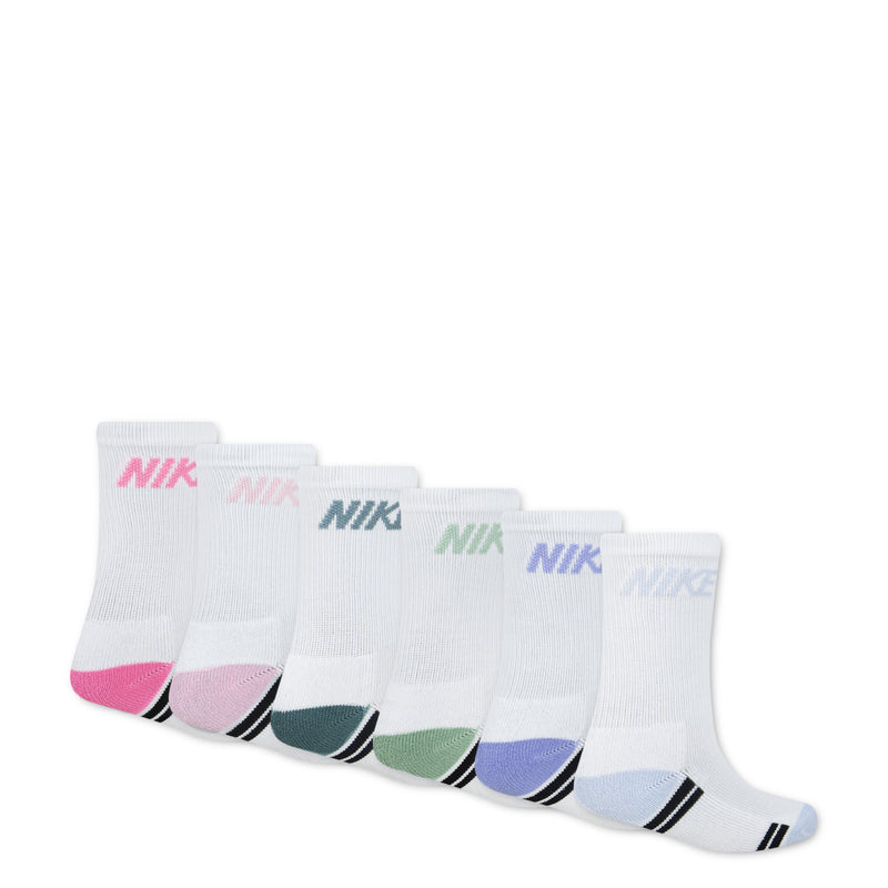 6-pack white crew socks with pink, green, and blue accents; Nike logos