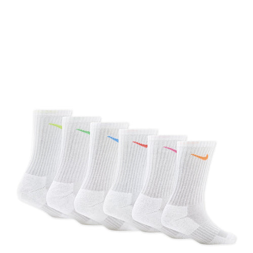 6-pack crew performance socks in white, multi swooshes on ribbed cuffs