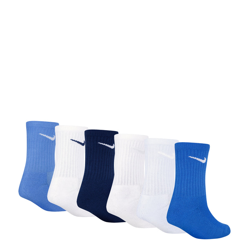 6-pack x-small crew socks, alternating blue and white with Nike swoosh marks