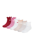 Six-pack ruffle ankle socks with maroon, pink, white, and cream Swoosh logos
