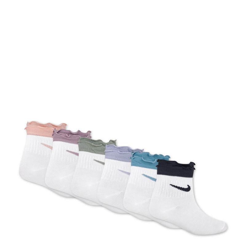 6-pack x-small ruffle ankle socks, white with multicolor ruffled cuffs and swoosh logo