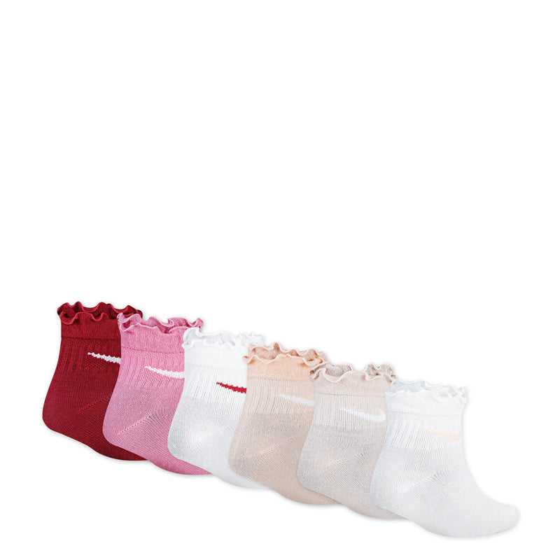 Six-pack ruffle ankle socks in maroon, pink, white, peach, and light gray Swoosh