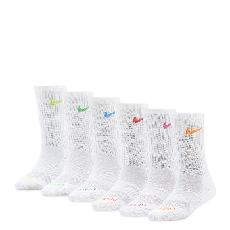 Pack of 6 white crew socks with multicolor Swoosh accents