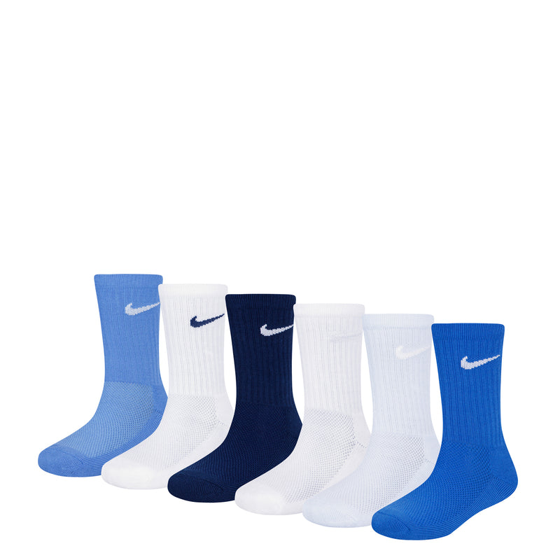 6-pack kids crew socks in blue and white with white Nike swoosh logos