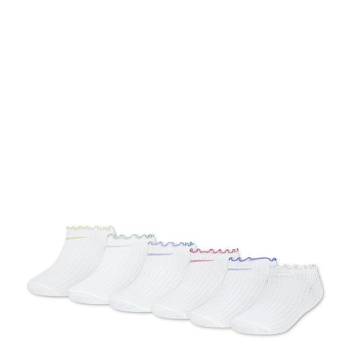 6-pack white no-show socks with multicolor lettuce trim at cuffs