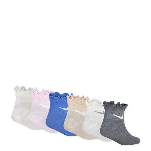 6-pack ruffle ankle socks in white, pink, blue, tan, and gray with Nike swooshes