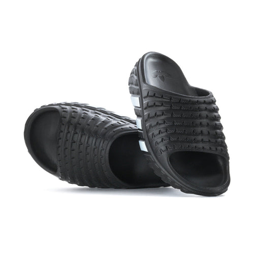 Men's black slide sandal, open toe, with textured tread sole and light stripe