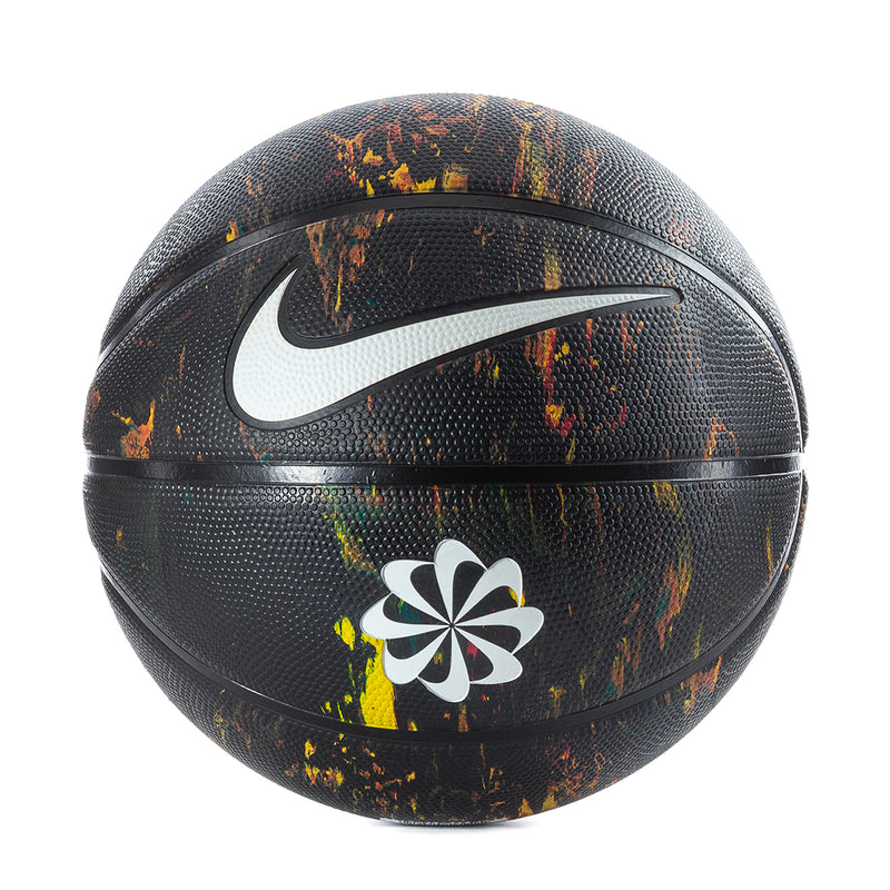 Black basketball front view with graffiti pattern, white Nike swoosh and centered flower logo