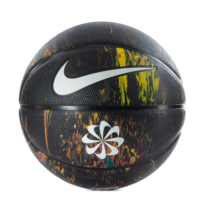Black basketball with yellow/orange splatters, white Nike swoosh and flower emblem