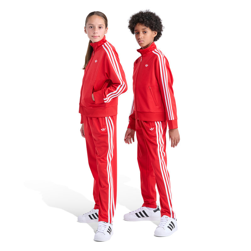 Youth red track jacket with stand collar and white triple stripes on sleeves, full-zip