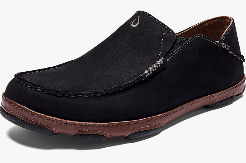 OLUKAI Moloa Men's Leather Slip On Shoes Black/Toffee Brand New - AllSportsWearUSA