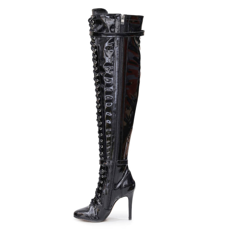 Omani Size Inclusive - Black Vegan Patent - Street Sole - Thigh Variant Three