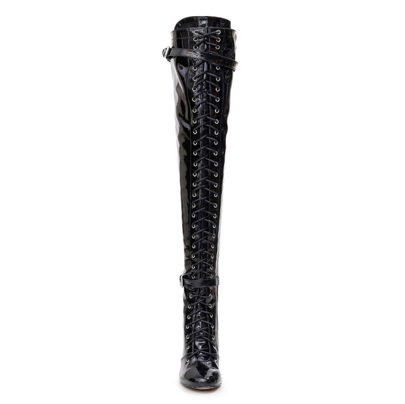 Omani Size Inclusive - Black Vegan Patent - Street Sole - Thigh Variant Three