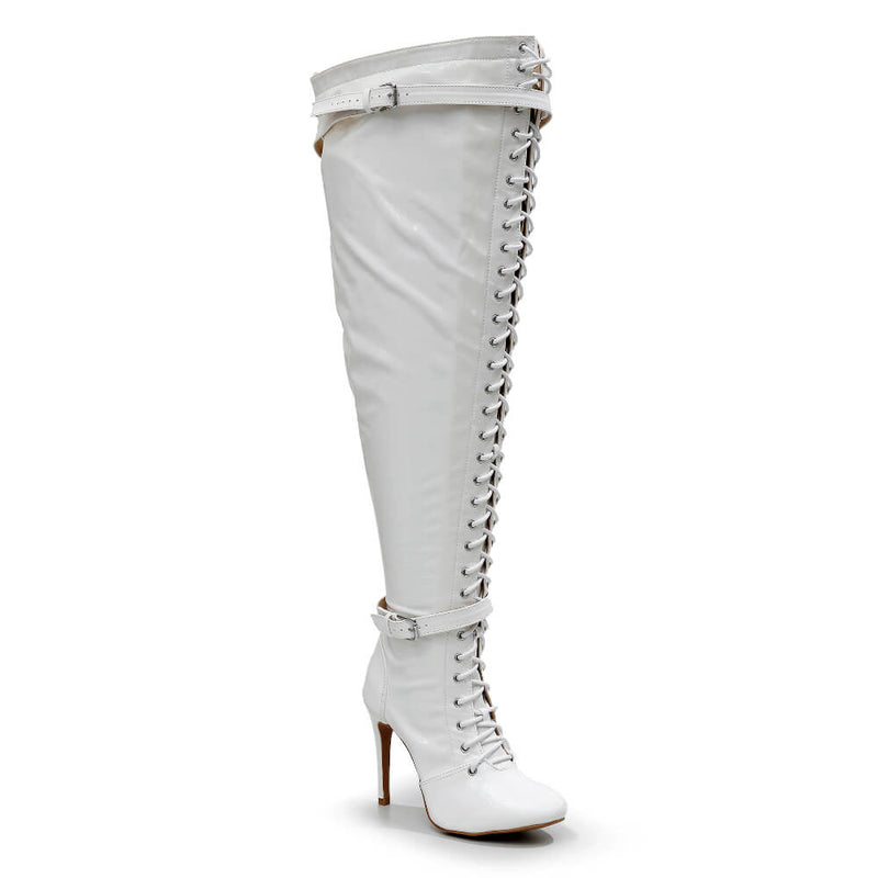 Omani Size Inclusive - White Vegan Patent - Street Sole - Thigh Variant Six