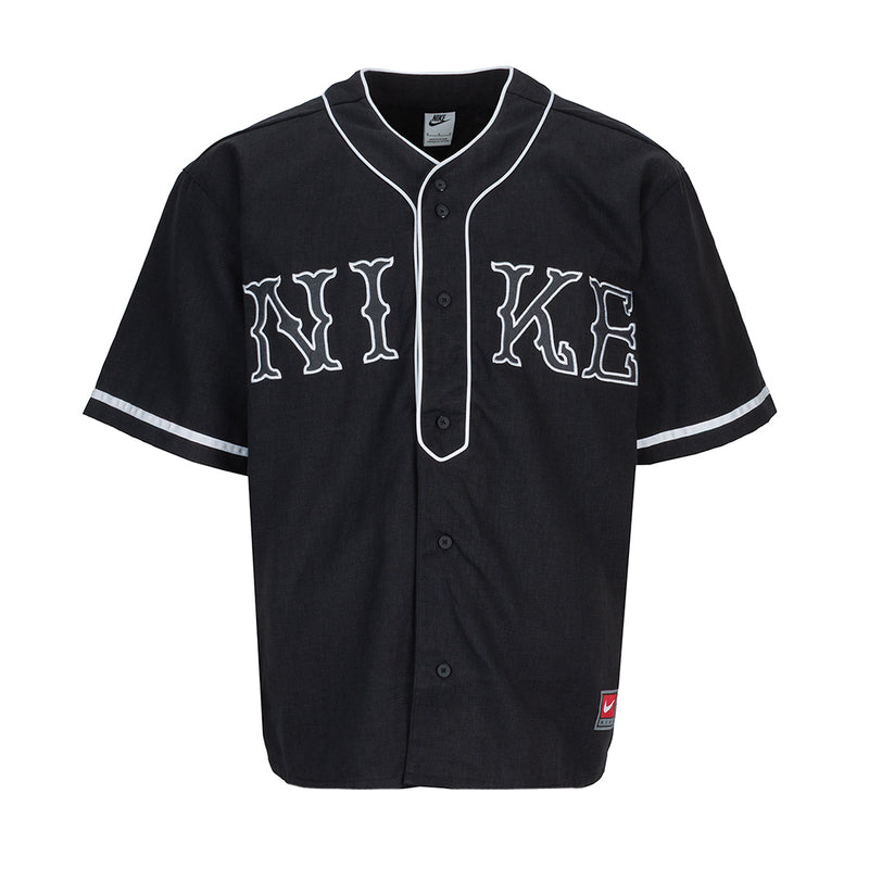 Men's black baseball top with white-trim V placket and 'NI' 'KE' front graphics