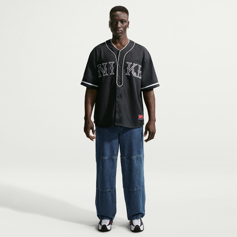 Men's black baseball top with white-striped collar and button front graphic